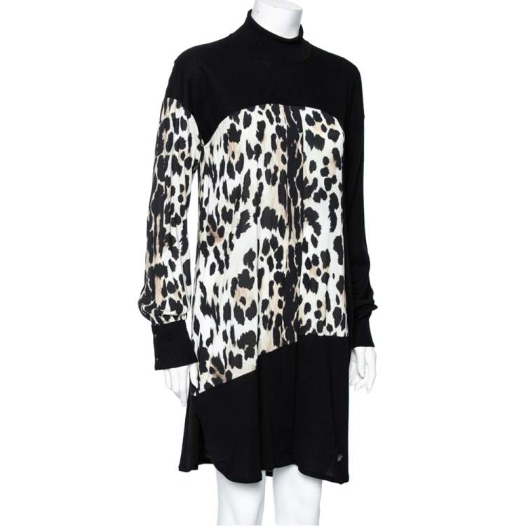 Pre Owned Roberto Cavalli Black and Brown Leopard Print Wool & Silk Turtleneck Dress M