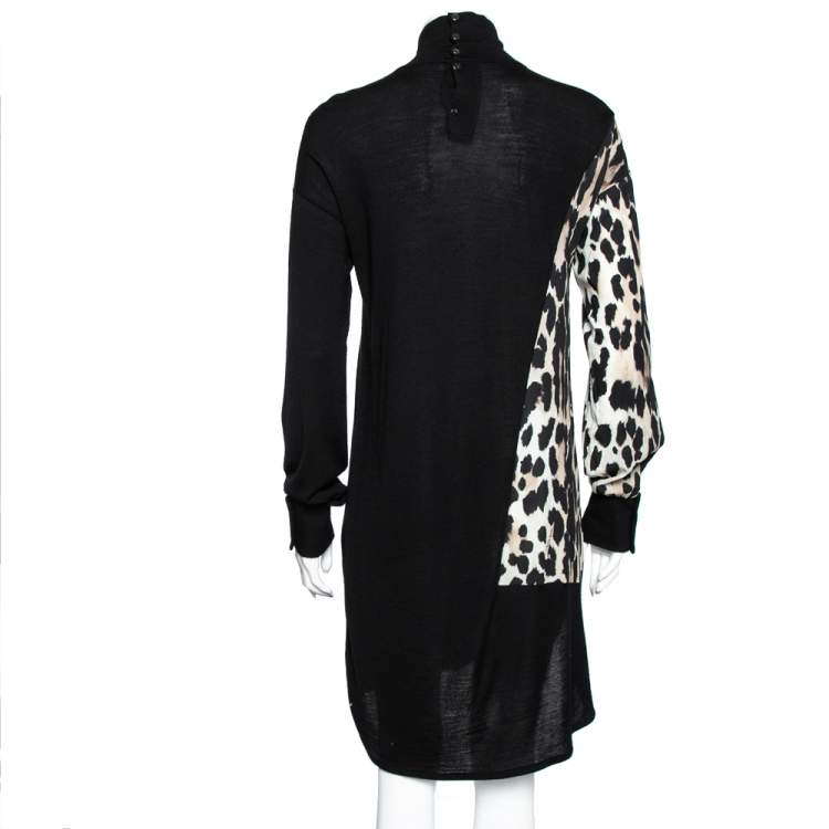 Pre Owned Roberto Cavalli Black and Brown Leopard Print Wool & Silk Turtleneck Dress M