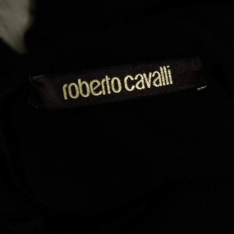 Pre Owned Roberto Cavalli Black and Brown Leopard Print Wool & Silk Turtleneck Dress M