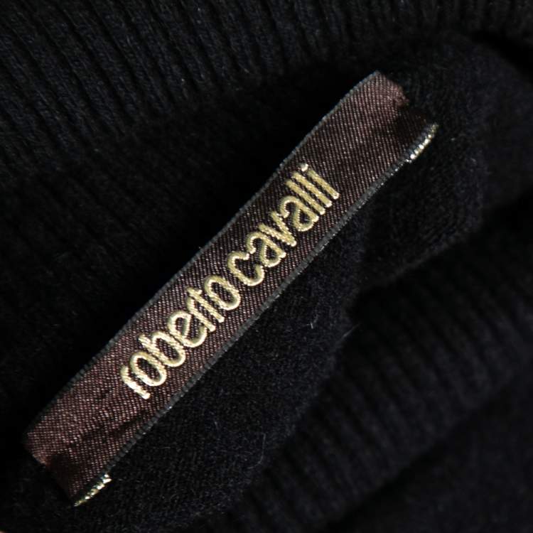 مملوكة مسبقًا Roberto Cavalli Black Wool Wave and Ruffle Textured Hem Turtleneck Dress M