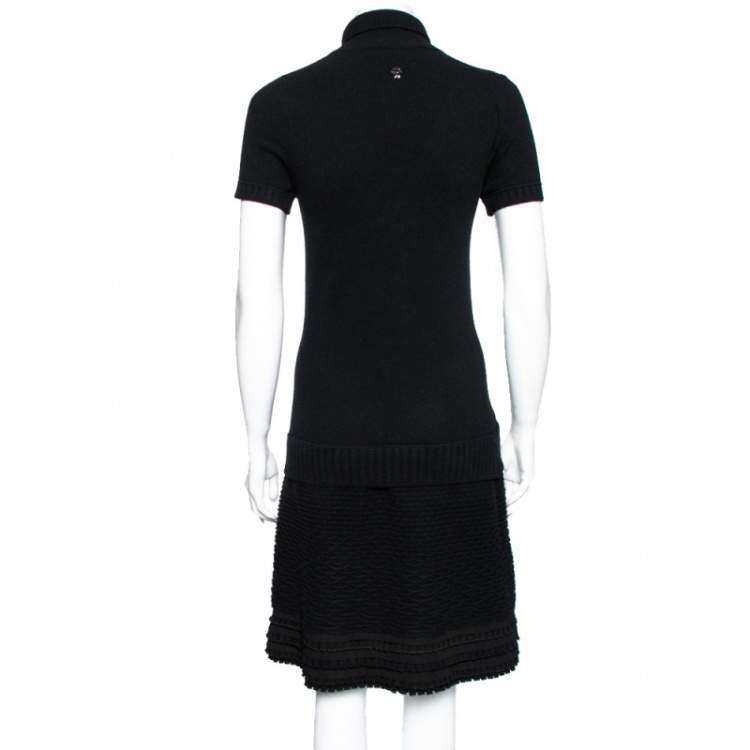مملوكة مسبقًا Roberto Cavalli Black Wool Wave and Ruffle Textured Hem Turtleneck Dress M