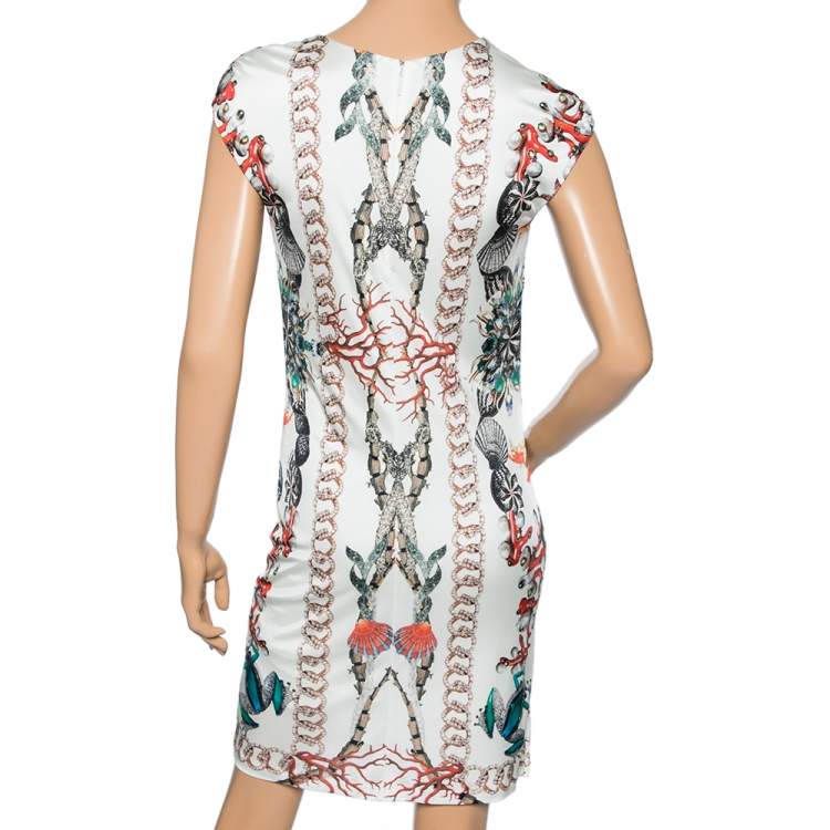 Pre Owned Roberto Cavalli White Floral Printed Jersey Dress M