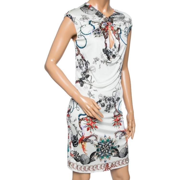Pre Owned Roberto Cavalli White Floral Printed Jersey Dress M