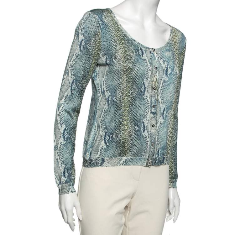 Pre Owned Roberto Cavalli Blue and Green Python Print Knit Sweater M