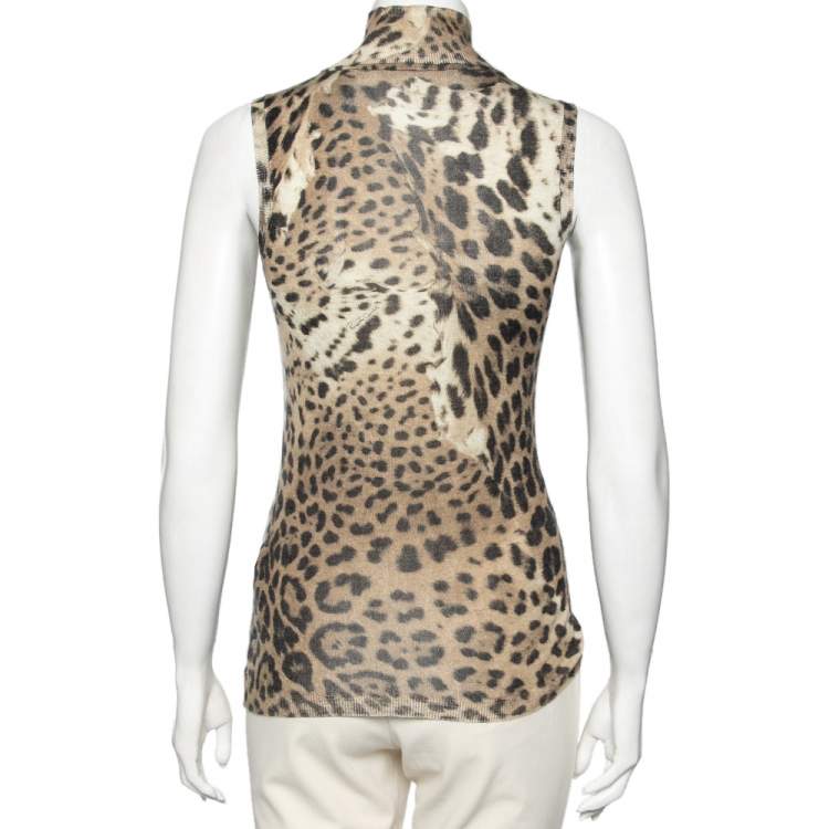 Pre Owned Roberto Cavalli Brown Leopard Printed Silk Turtleneck Sleeveless Top S