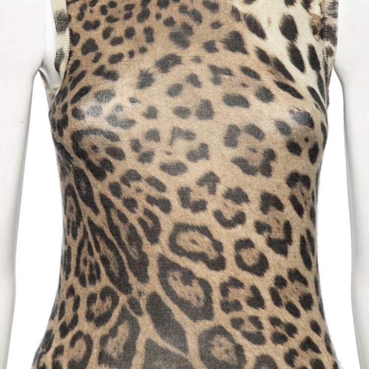 Pre Owned Roberto Cavalli Brown Leopard Printed Silk Turtleneck Sleeveless Top S