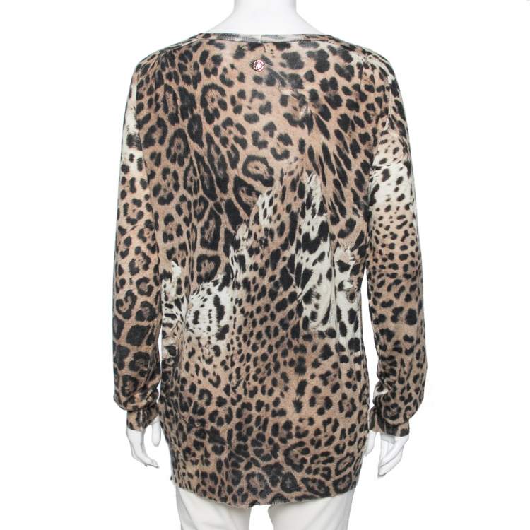 Pre Owned Roberto Cavalli Brown Leopard Printed Silk Button Front Sweater M