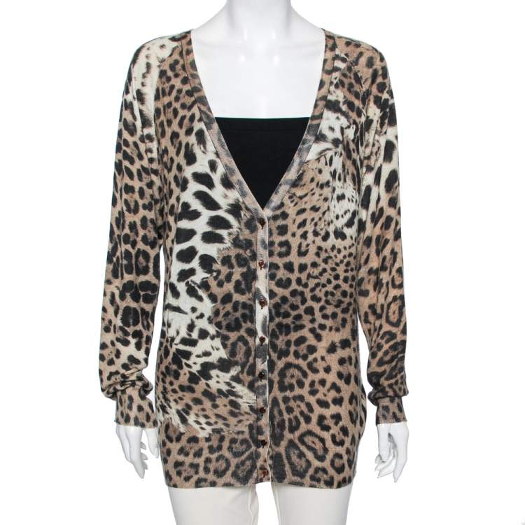 Pre Owned Roberto Cavalli Brown Leopard Printed Silk Button Front Sweater M