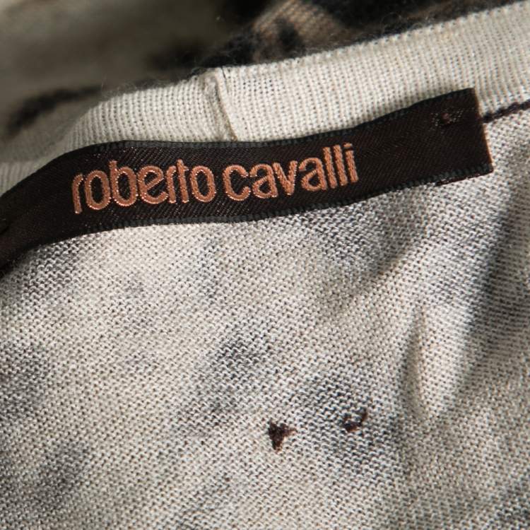 Pre Owned Roberto Cavalli Brown Leopard Printed Silk Button Front Sweater M