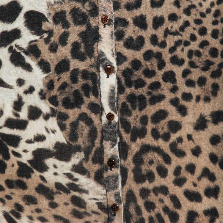 Pre Owned Roberto Cavalli Brown Leopard Printed Silk Button Front Sweater M