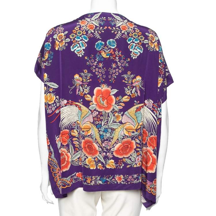 Pre Owned Roberto Cavalli Purple Floral Printed Silk Kaftan Top S