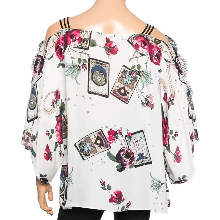 مملوكة مسبقًا Roberto Cavalli White Floral Printed Silk Lace Trim Blouse M
