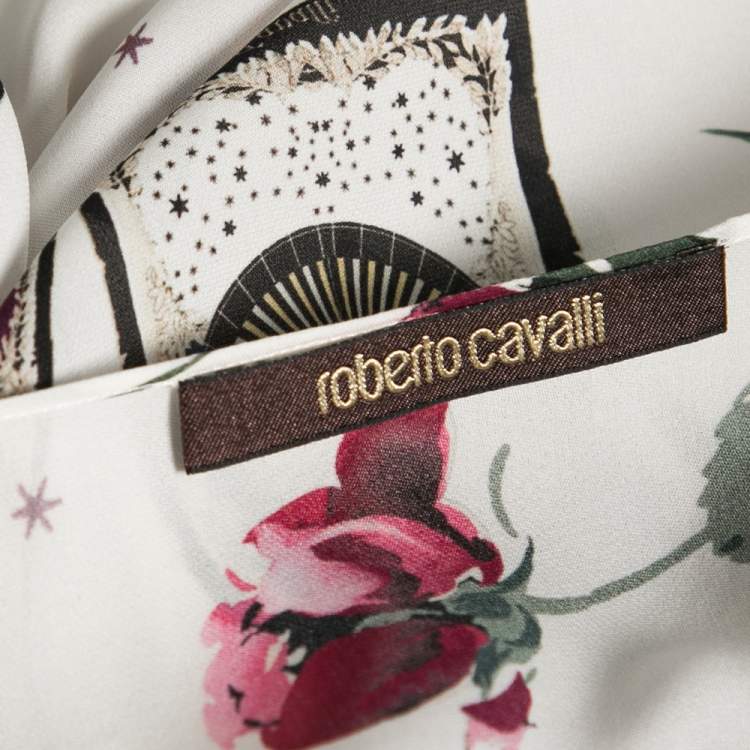 مملوكة مسبقًا Roberto Cavalli White Floral Printed Silk Lace Trim Blouse M