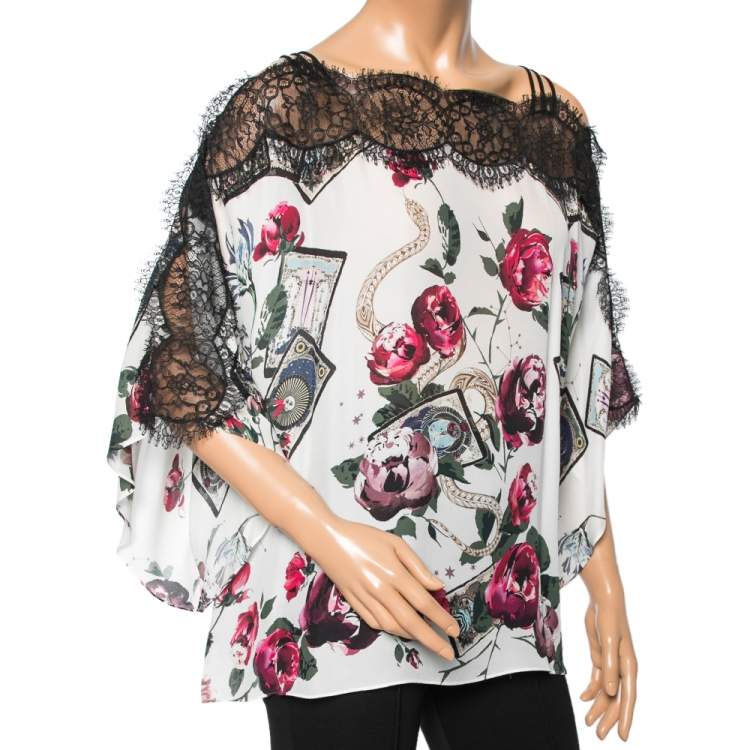 مملوكة مسبقًا Roberto Cavalli White Floral Printed Silk Lace Trim Blouse M