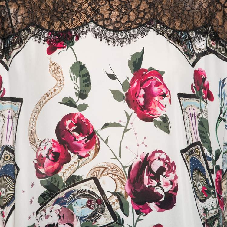 مملوكة مسبقًا Roberto Cavalli White Floral Printed Silk Lace Trim Blouse M