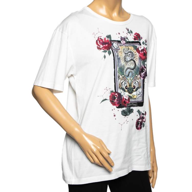 Pre Owned Roberto Cavalli White Cotton Pattern Printed Top S