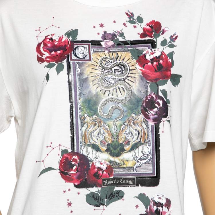 Pre Owned Roberto Cavalli White Cotton Pattern Printed Top S