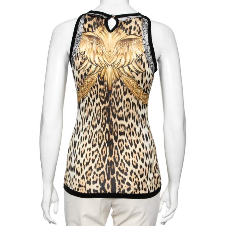 Pre Owned Roberto Cavalli Brown Leopard Printed Knit Lace Panel Crew Neck Sleeveless Top M