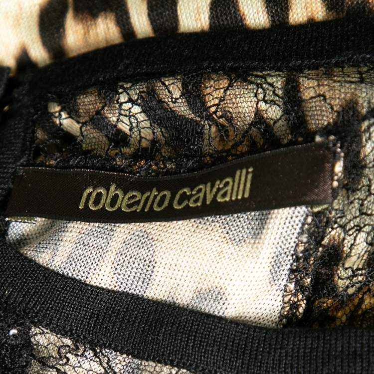 Pre Owned Roberto Cavalli Brown Leopard Printed Knit Lace Panel Crew Neck Sleeveless Top M