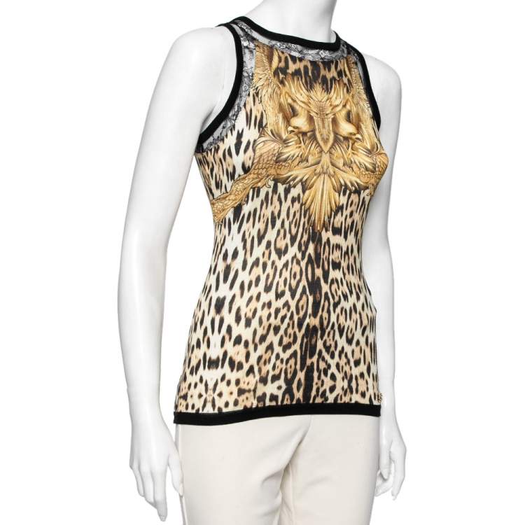 Pre Owned Roberto Cavalli Brown Leopard Printed Knit Lace Panel Crew Neck Sleeveless Top M