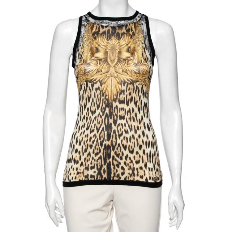 Pre Owned Roberto Cavalli Brown Leopard Printed Knit Lace Panel Crew Neck Sleeveless Top M