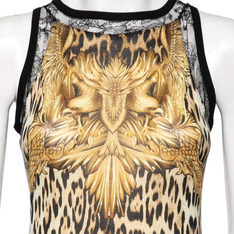 Pre Owned Roberto Cavalli Brown Leopard Printed Knit Lace Panel Crew Neck Sleeveless Top M