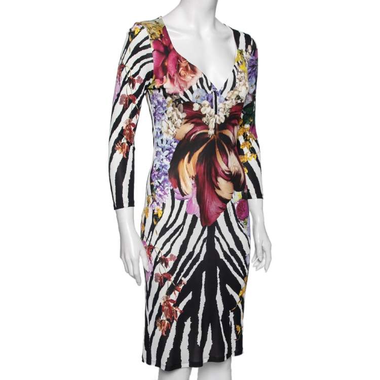 Pre Owned Roberto Cavalli White Floral and Animal Printed Jersey Dress M
