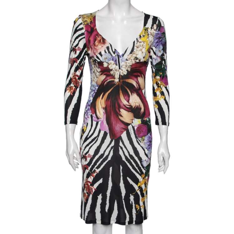 Pre Owned Roberto Cavalli White Floral and Animal Printed Jersey Dress M