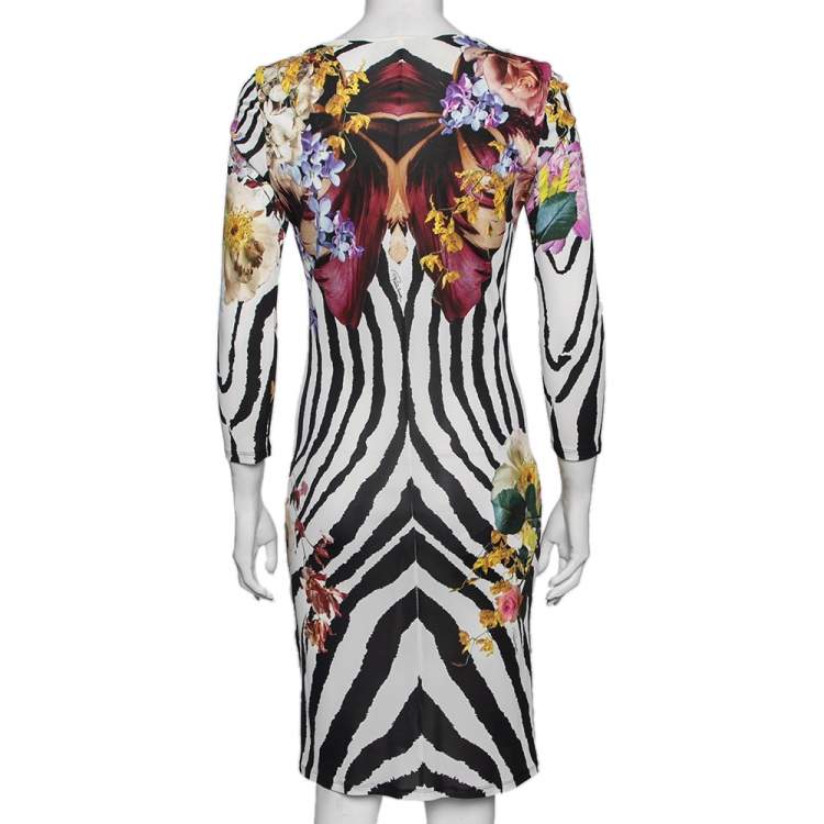 Pre Owned Roberto Cavalli White Floral and Animal Printed Jersey Dress M
