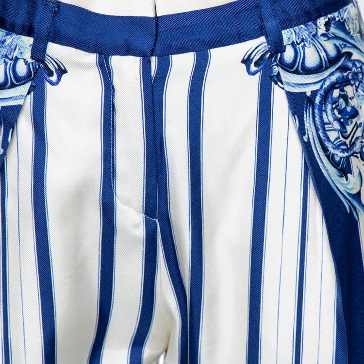 Pre Owned Roberto Cavalli White and Blue Printed Silk Trouser M