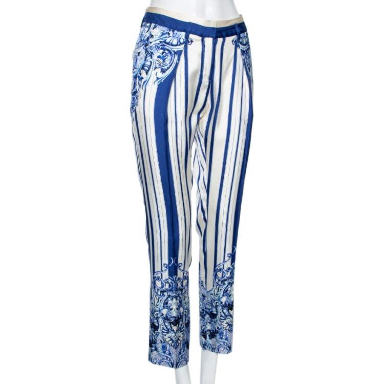 Pre Owned Roberto Cavalli White and Blue Printed Silk Trouser M