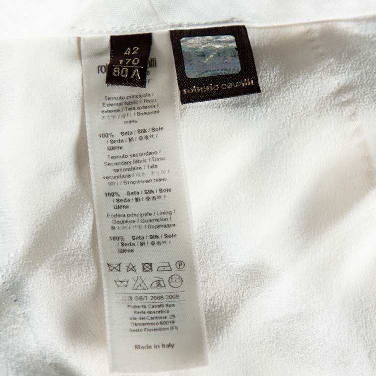 Pre Owned Roberto Cavalli White and Blue Printed Silk Trouser M