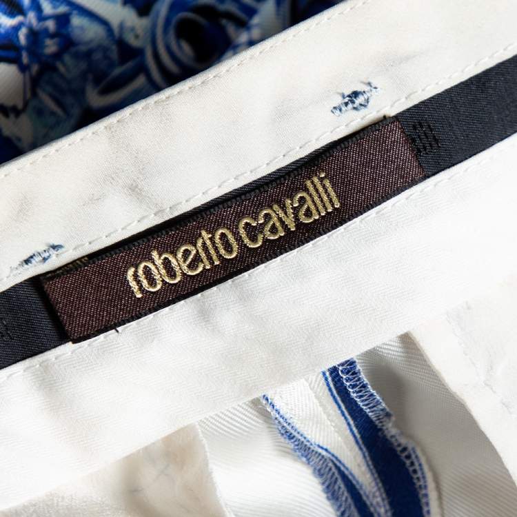 Pre Owned Roberto Cavalli White and Blue Printed Silk Trouser M