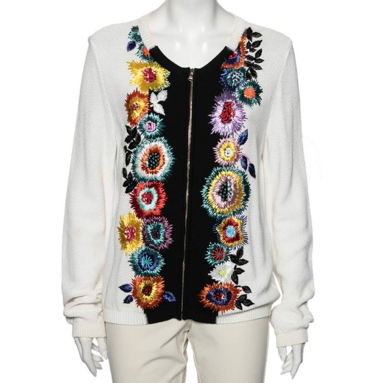 Pre Owned Roberto Cavalli White and Black Knit Straw and Sequin Embroidered Cardigan L