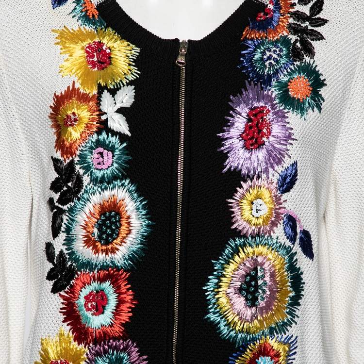 Pre Owned Roberto Cavalli White and Black Knit Straw and Sequin Embroidered Cardigan L