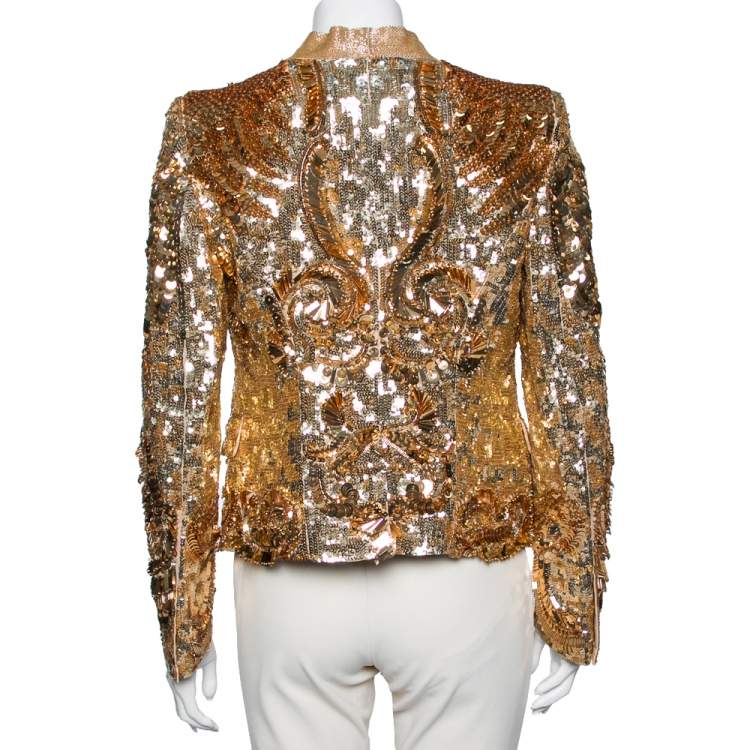 Pre Owned Roberto Cavalli Gold Sequin and Beaded Long Sleeve Jacket M