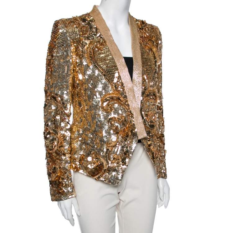 Pre Owned Roberto Cavalli Gold Sequin and Beaded Long Sleeve Jacket M