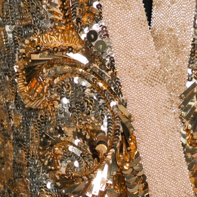 Pre Owned Roberto Cavalli Gold Sequin and Beaded Long Sleeve Jacket M