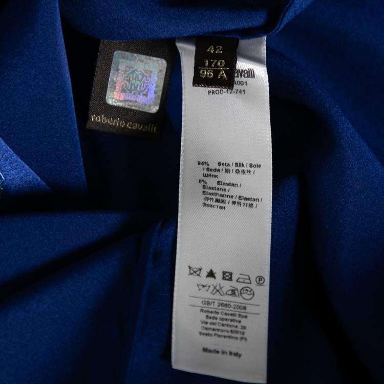 Pre Owned Roberto Cavalli Blue Stretch Silk Button Front Shirt M