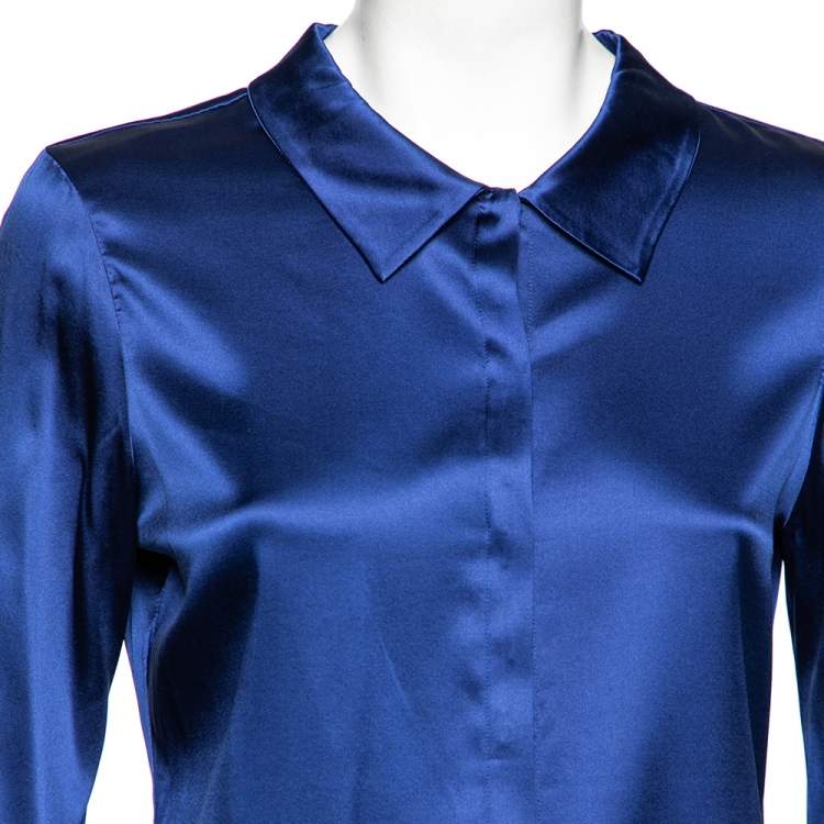 Pre Owned Roberto Cavalli Blue Stretch Silk Button Front Shirt M
