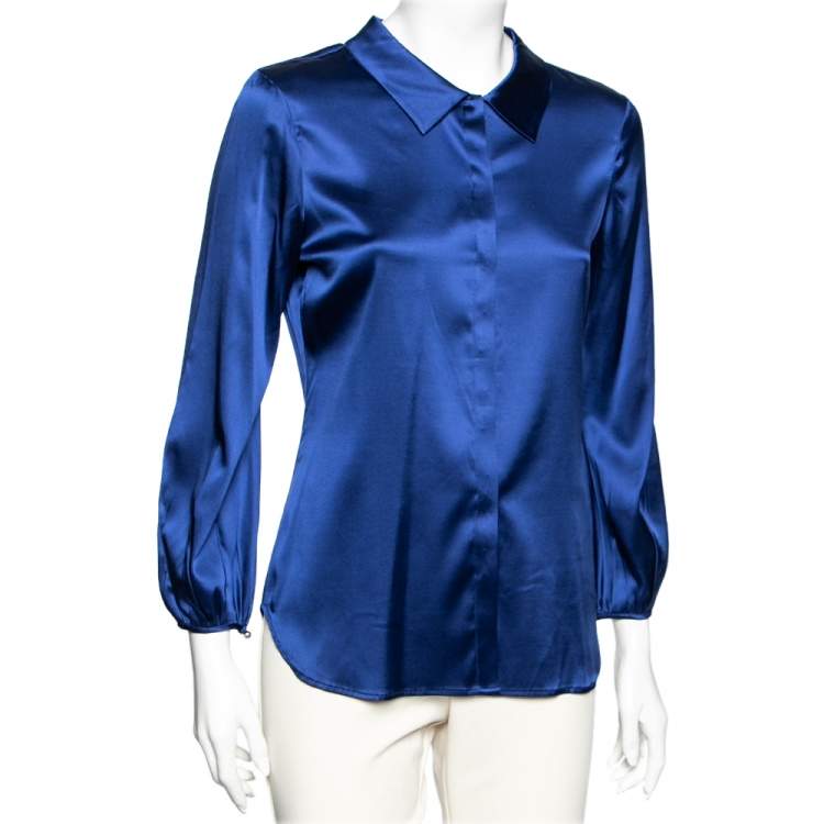 Pre Owned Roberto Cavalli Blue Stretch Silk Button Front Shirt M
