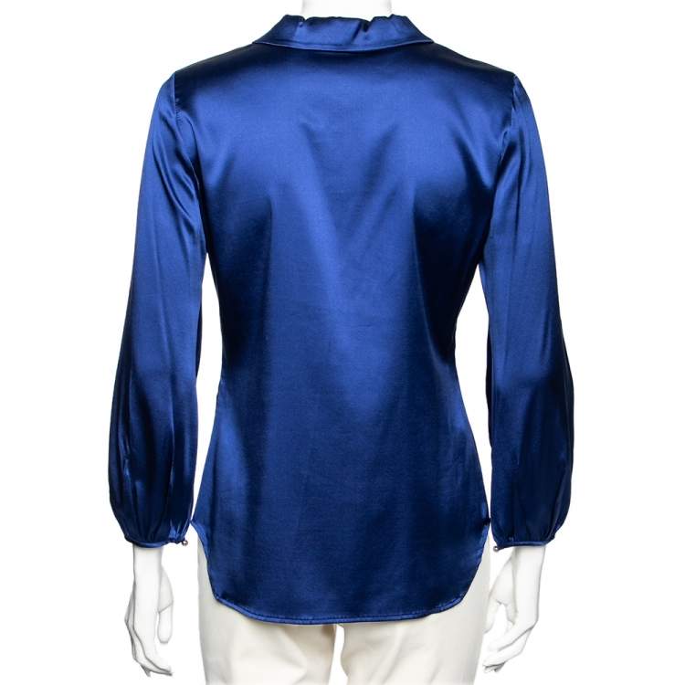 Pre Owned Roberto Cavalli Blue Stretch Silk Button Front Shirt M