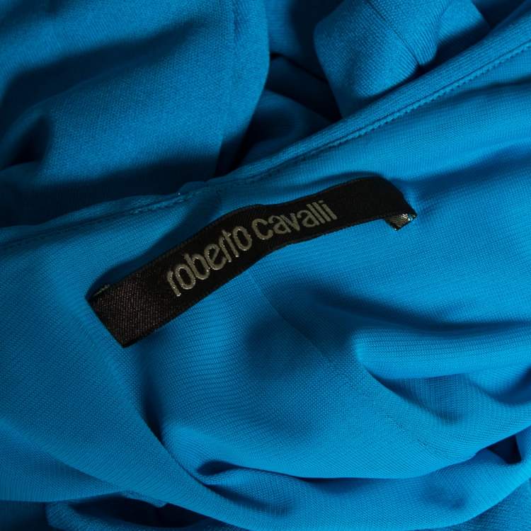 Pre Owned Roberto Cavalli Blue Draped Embellished Jersey Dress M