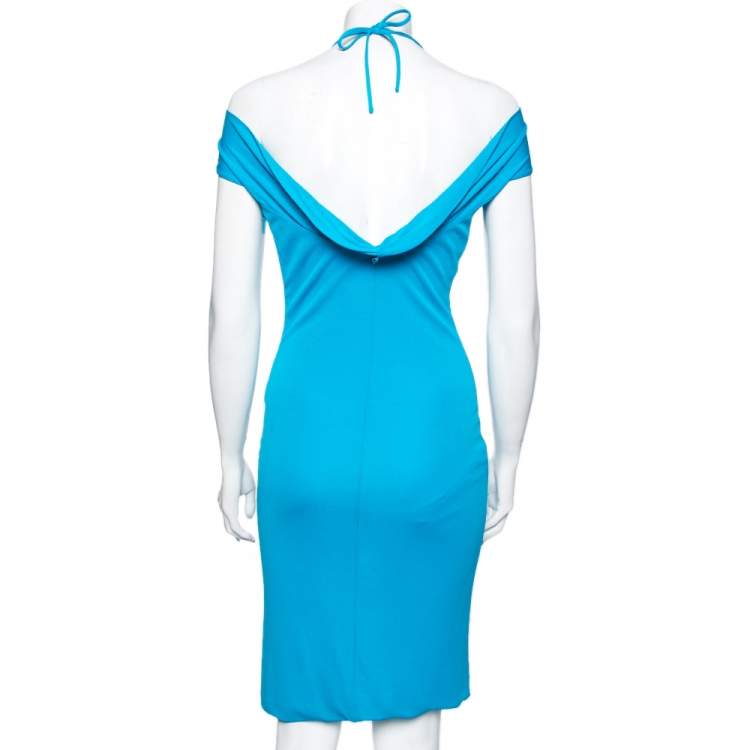 Pre Owned Roberto Cavalli Blue Draped Embellished Jersey Dress M