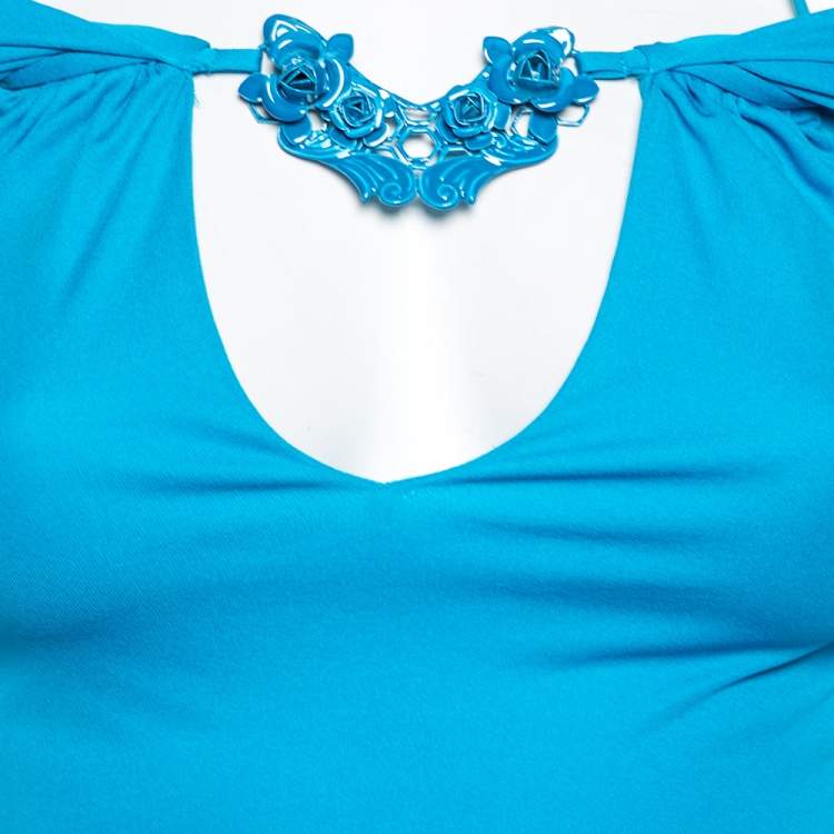 Pre Owned Roberto Cavalli Blue Draped Embellished Jersey Dress M