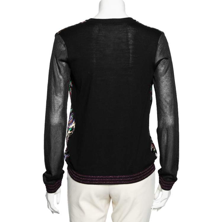 Pre Owned Roberto Cavalli Black Printed Velour & Knit Button Front Cardigan M