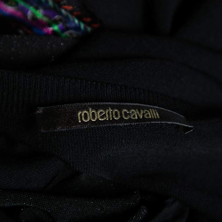 Pre Owned Roberto Cavalli Black Printed Velour & Knit Button Front Cardigan M