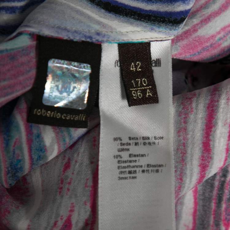 Pre Owned Roberto Cavalli Pink Printed Stretch Silk Drawstring Detail Blouse M