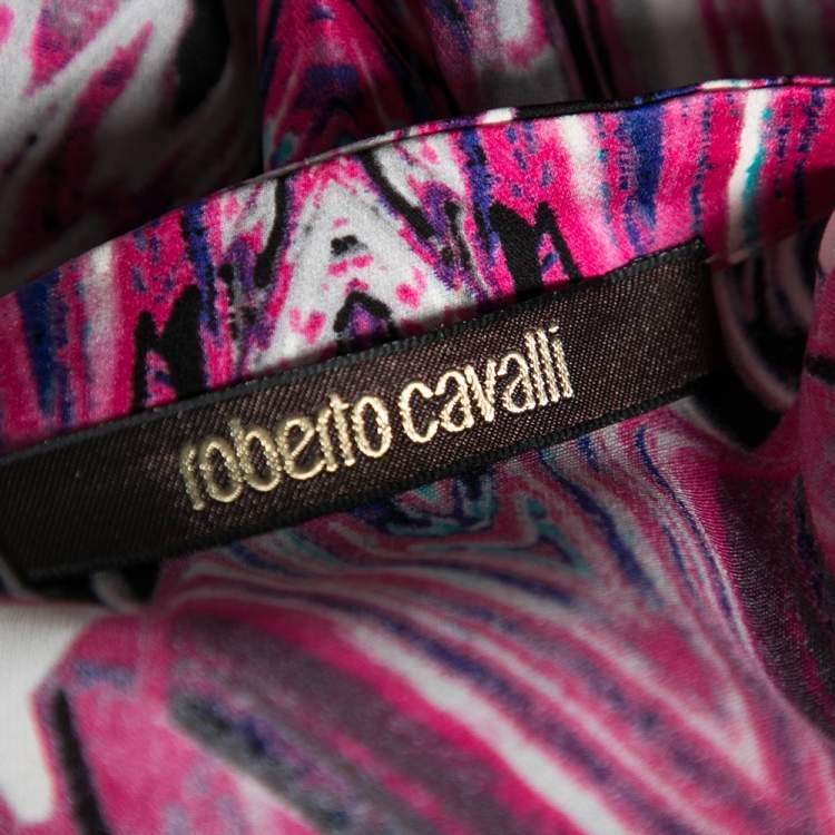 Pre Owned Roberto Cavalli Pink Printed Stretch Silk Drawstring Detail Blouse M