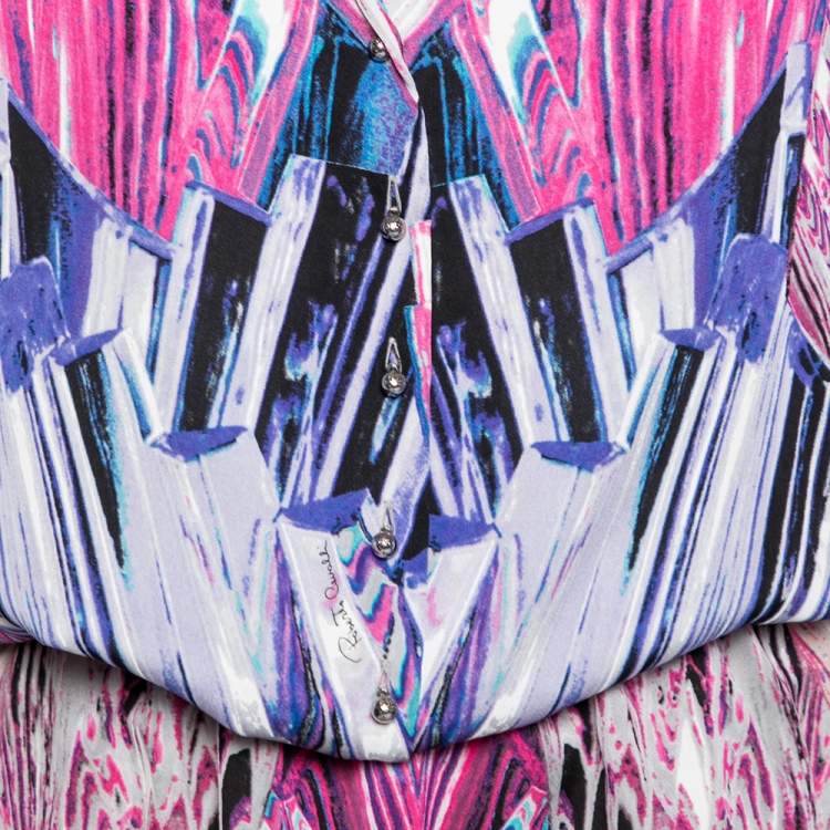 Pre Owned Roberto Cavalli Pink Printed Stretch Silk Drawstring Detail Blouse M
